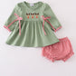 Green christmas reindeer embroidery girl bloomers set