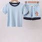 Blue character embroidery stripe shorts set