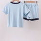 Blue character embroidery stripe shorts set