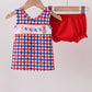 Red puppy embroidery gingham bloomer set