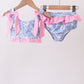 Purple duck print bow ruffle 2pc swimsuit