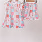 Pink floral patchwork scalloped ruffle shorts set