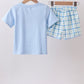 Blue birthday cake smocked plaid shorts set