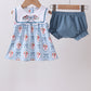 Blue strawberry bow embroidery bloomer set