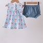 Blue strawberry bow embroidery bloomer set