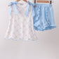 Blue bow ribbon print ruffle shorts set