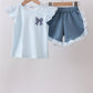 Blue Plaid Embroidered Bow Set