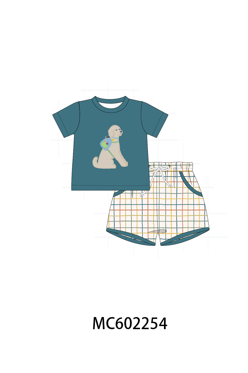Teal Puppy Applique Plaid Set