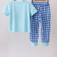 Blue character embroidery pants set