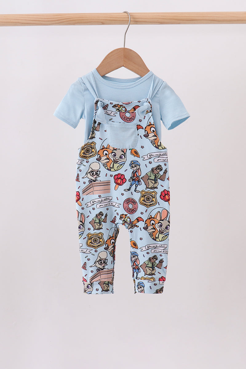 Blue character bamboo romper set