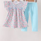 Blue Floral Smocked Ruffle Pants Set