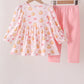 Pink pumpkin bow embroidery ruffle pants set
