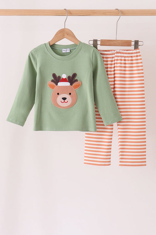Sage Reindeer Applique Stripe Pants Set