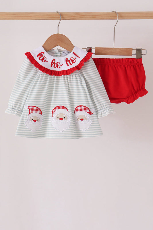 Sage santa applique stripe bloomer set