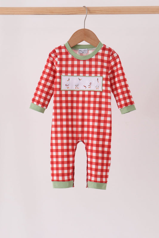 Red goose embroidery gingham romper
