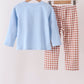 Blue turkey applique gingham pants set