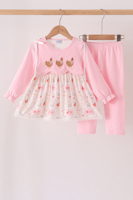 Pink chicken embroidery pants set