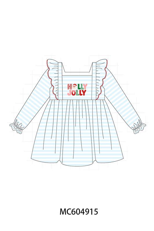 Blue Stripe Holly Jolly Ruffle Dress