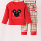 Red christmas character applique gingham pants set