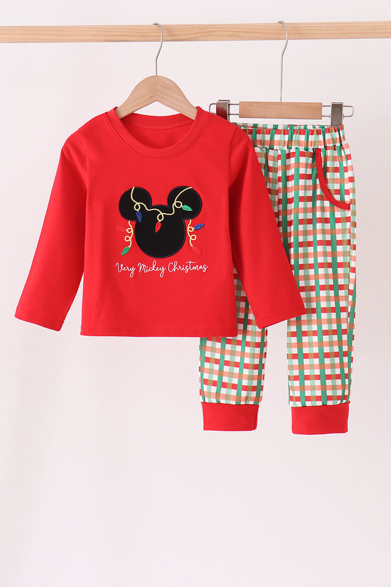 Red christmas character applique gingham pants set