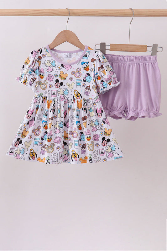 Purple character print bamboo bloomer set