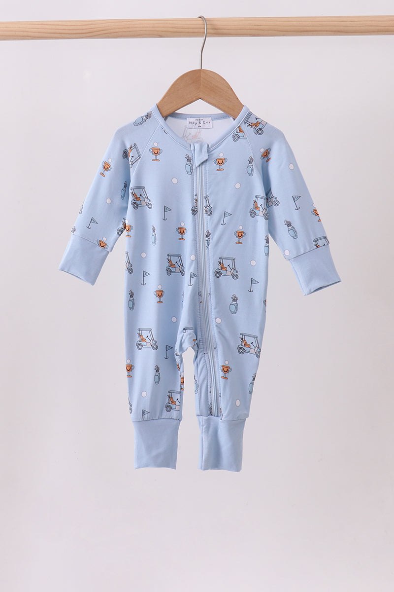 Blue gofl cart print bamboo romper