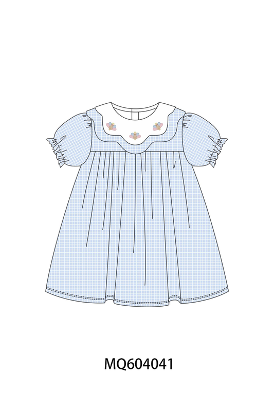 Blue turkey embroidery checkered dress