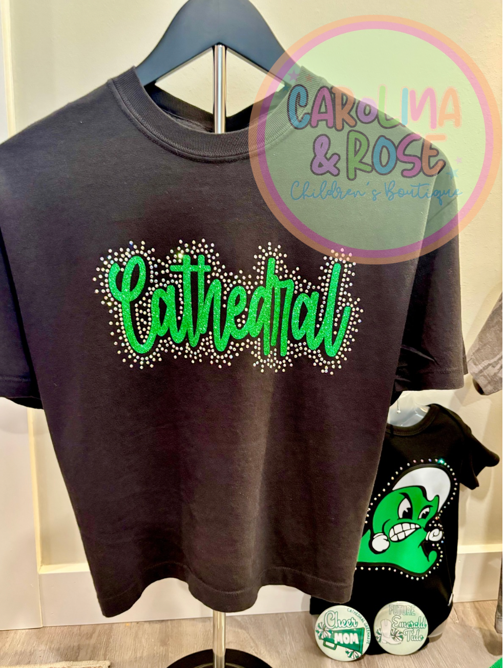 Cathedral Rhinestone Spirit Shirt (Black w/ Green writing)