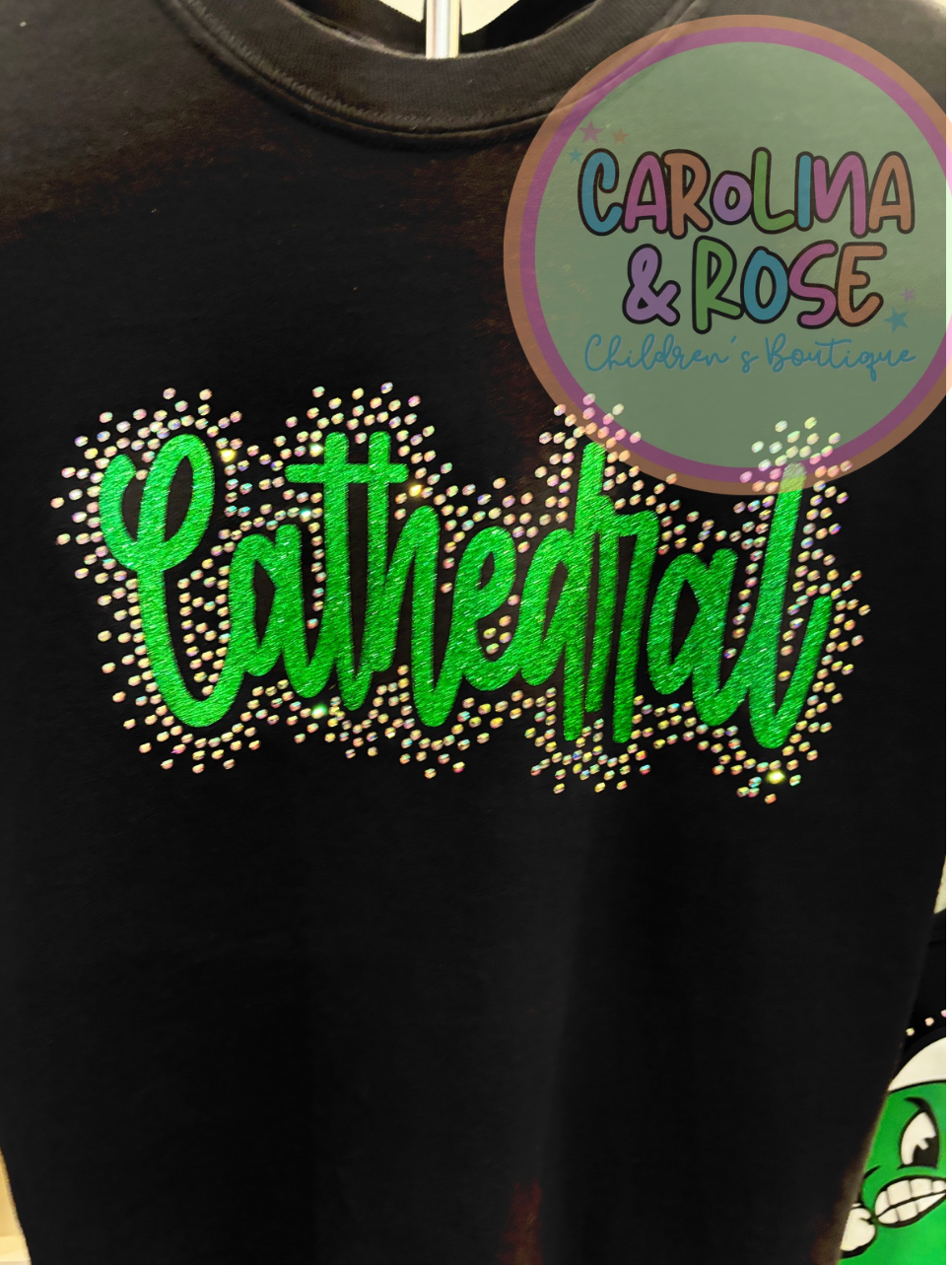 Cathedral Rhinestone Spirit Shirt (Black w/ Green writing)