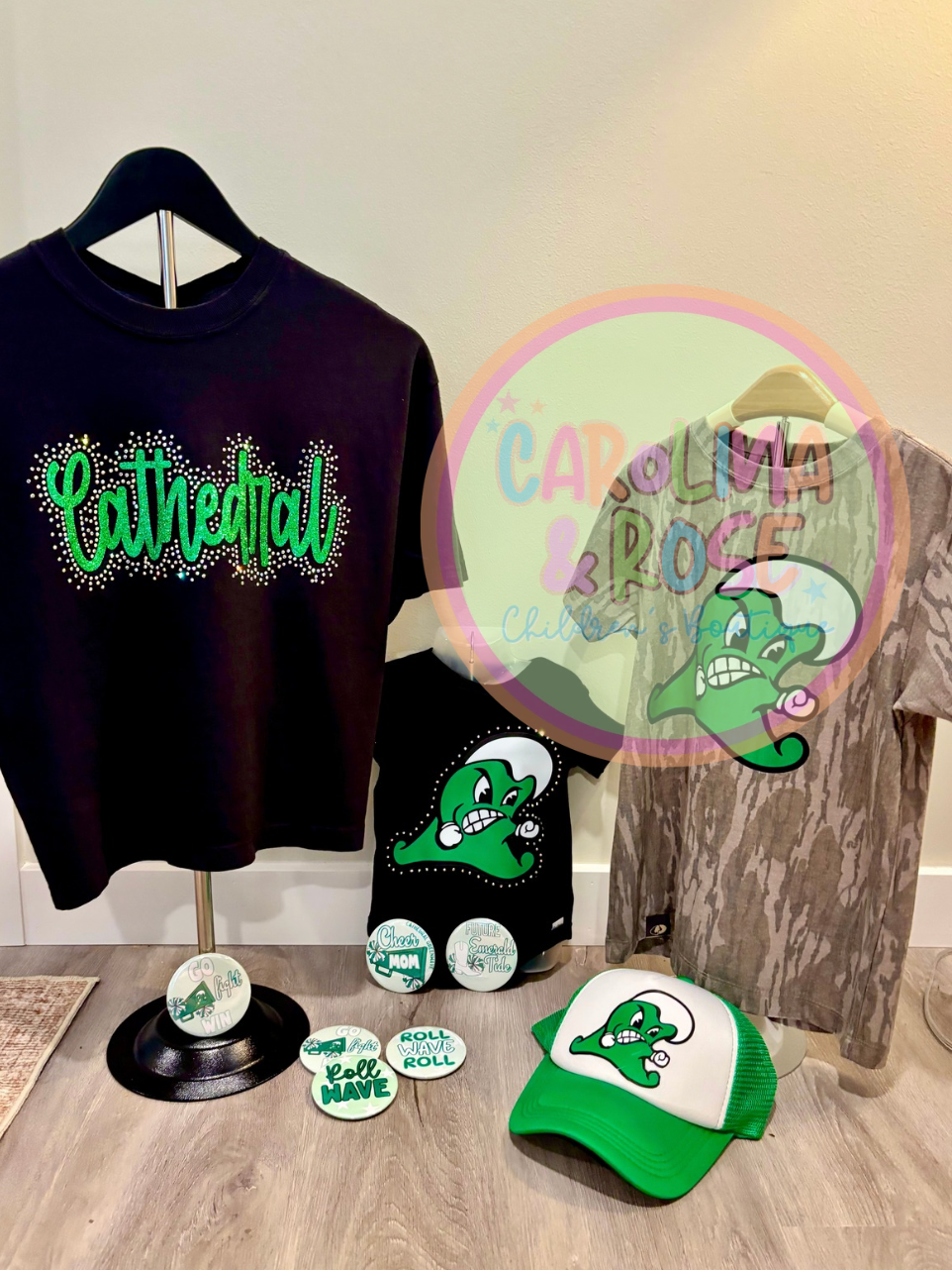 Cathedral Rhinestone Spirit Shirt (Black w/ Green writing)