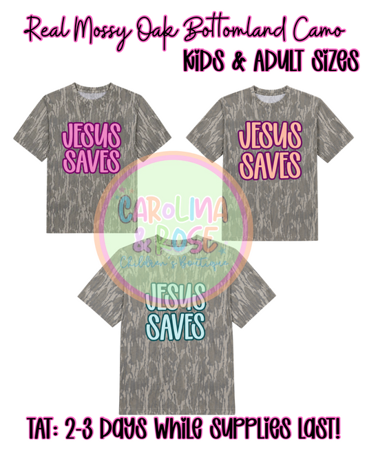 JESUS SAVES Mossy Oak Bottomland Camp T-Shirt