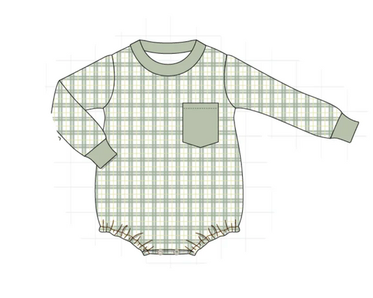 Boys Green Plaid Button Up Bubble - READY TO SHIP/PICKUP!