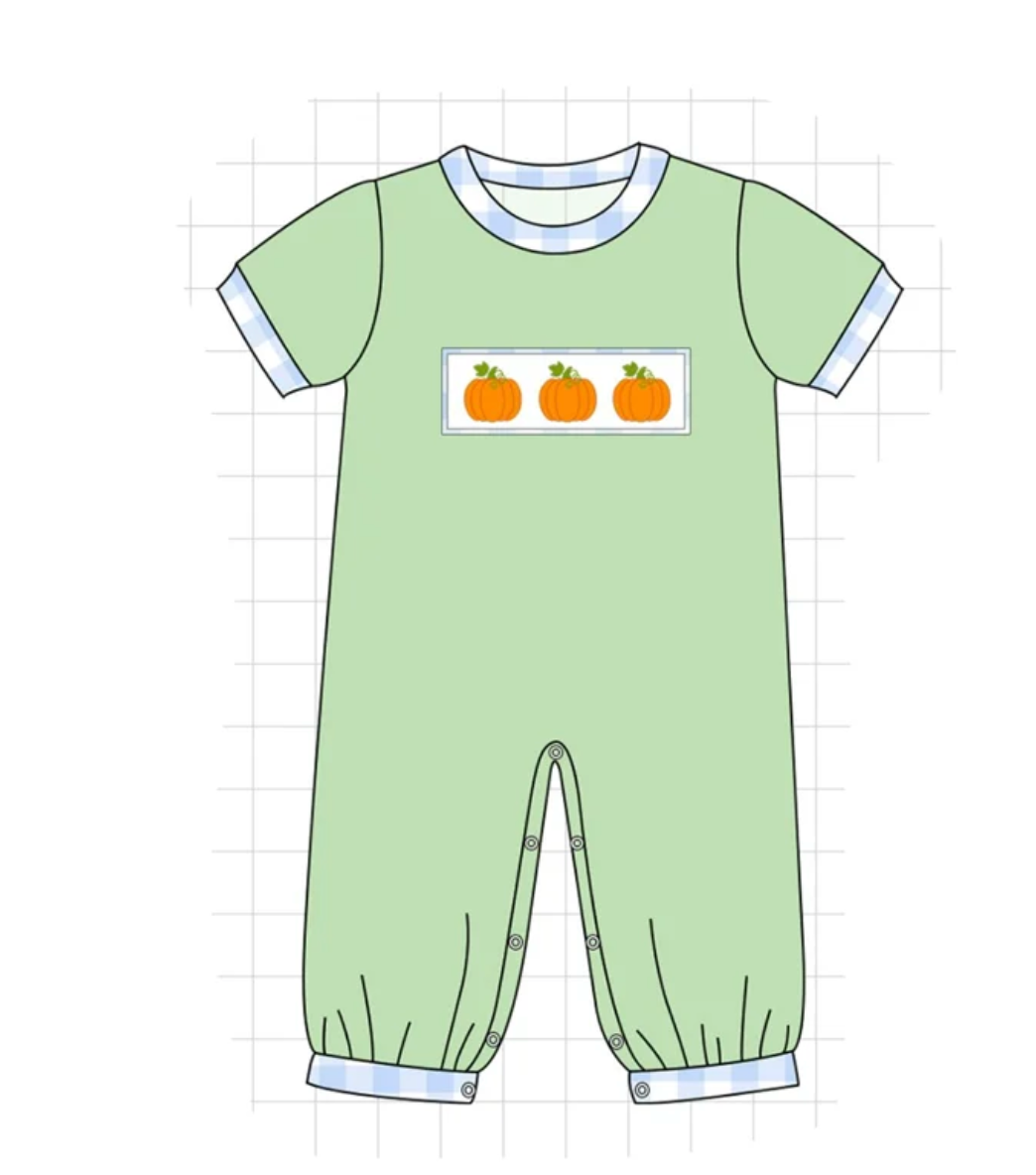 Green (w/Blue Gingham) Pumpkin Embroidery Jon Jon - READY TO SHIP/PICKUP!