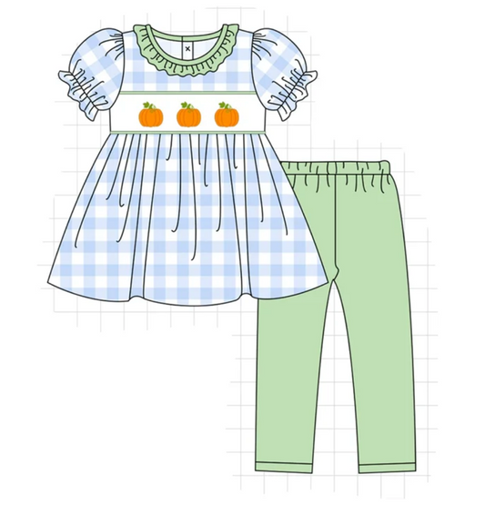 Blue Gingham Pumpkin Embroidery Girls Pant Set - READY TO SHIP/PICKUP!