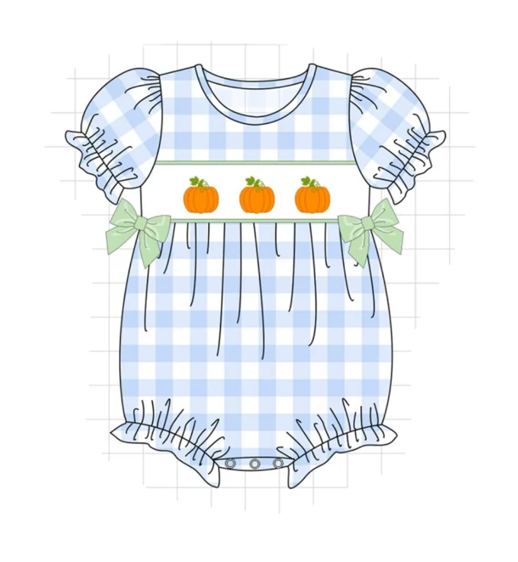 Blue Gingham Pumpkin Embroidery Bubble - READY TO SHIP/PICKUP!