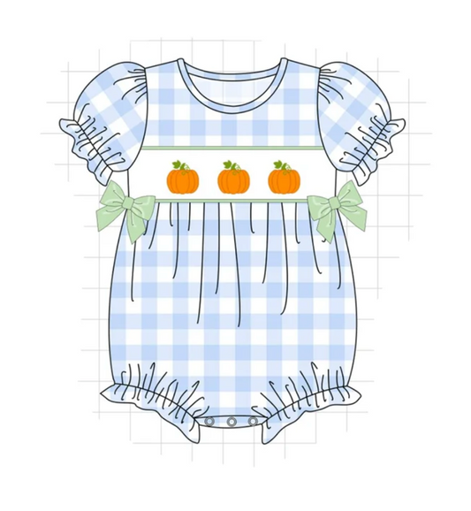 Blue Gingham Pumpkin Embroidery Bubble - READY TO SHIP/PICKUP!