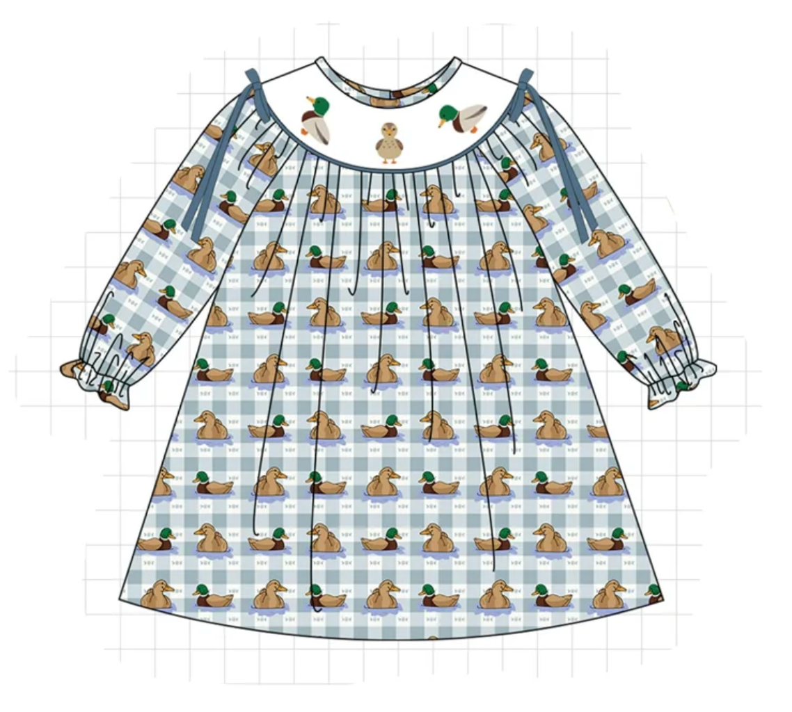 Blue Mallard Duck Embroidery Dress - READY TO SHIP/PICKUP!
