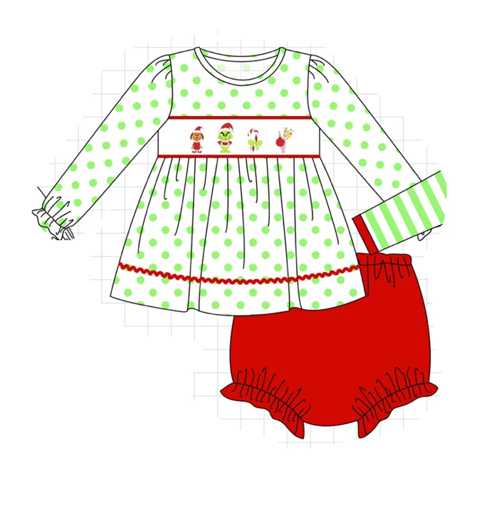 Green Dot Grinch Girl's Bloomer Set - READY TO SHIP/PICKUP