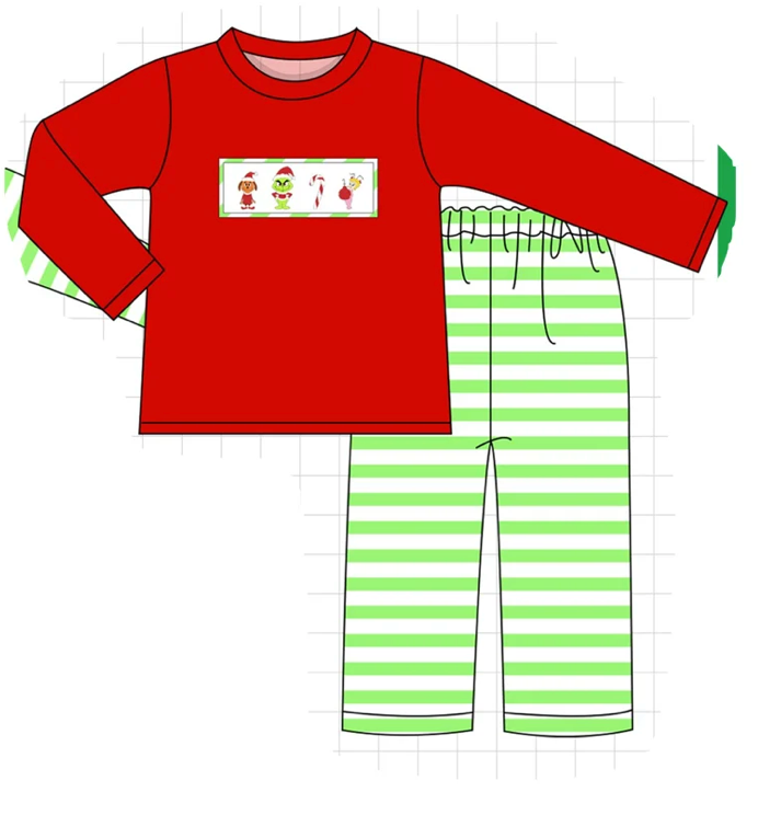 Green Dot Grinch Boy's Pant Set - READY TO SHIP/PICKUP