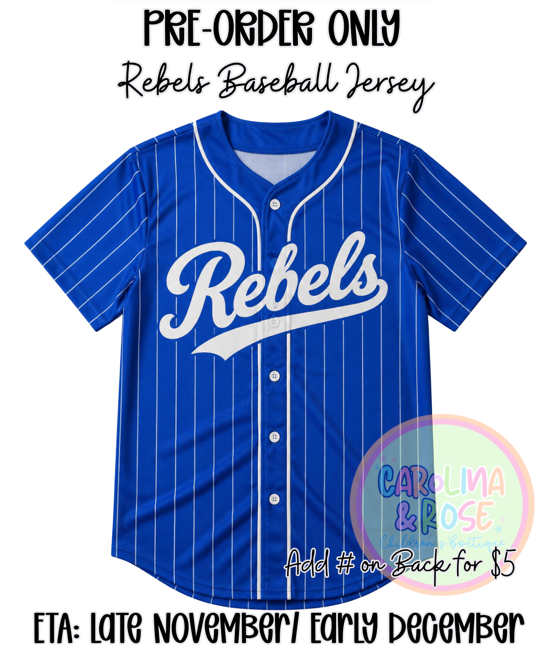 Rebels Royal Blue Baseball Jersey *PRE-ORDER*