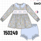 Blue Floral Bow Smocked Bloomer Set